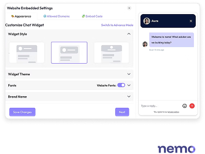 Nemo chat widget settings built with Lamatic